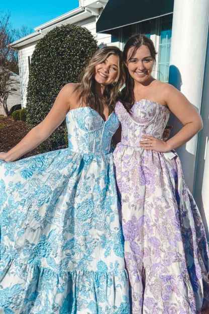 Chic Blue Floral Sweetheart A-Line Long Corset Prom Dress
