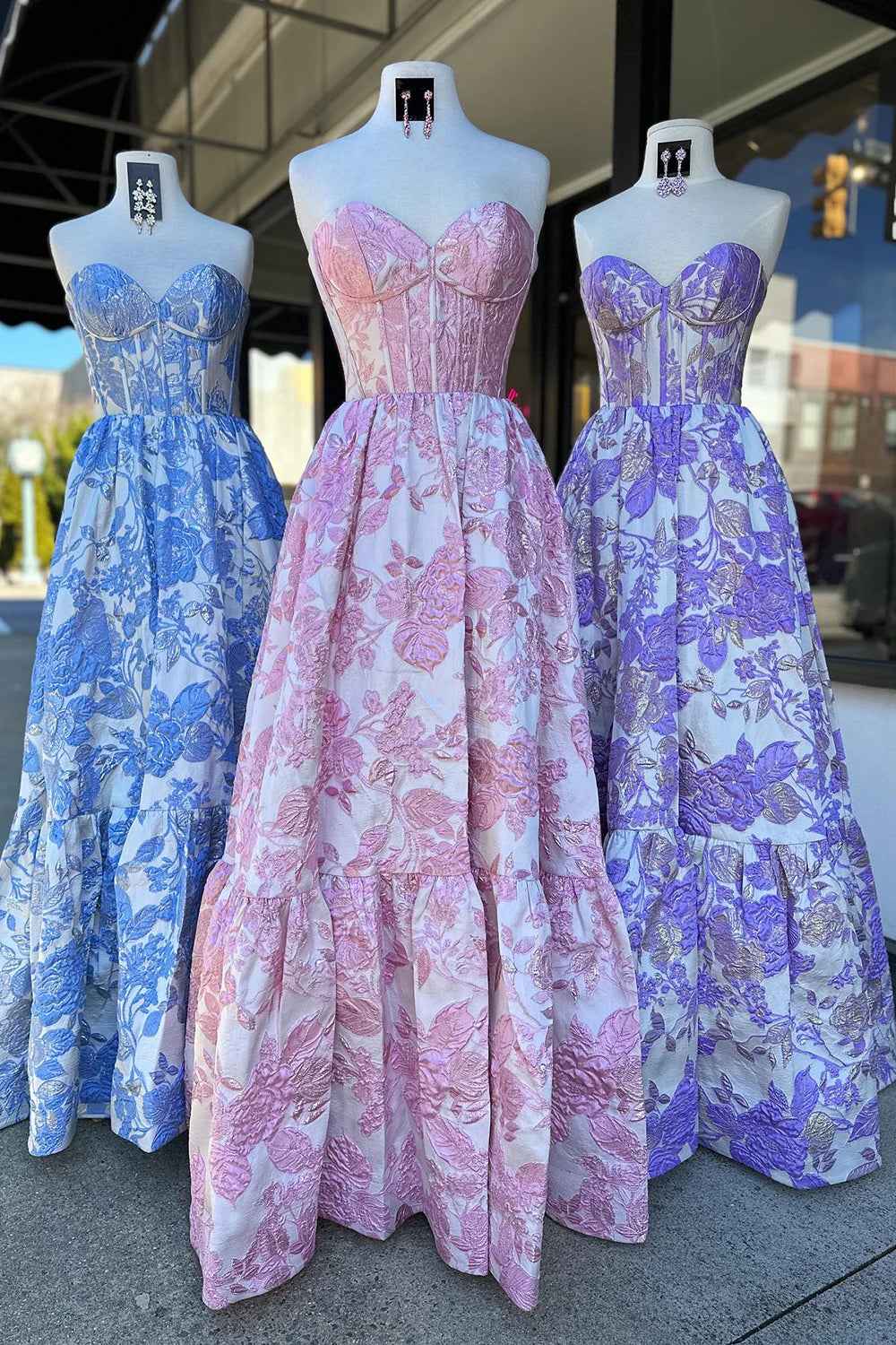 Chic Blue Floral Sweetheart A-Line Long Corset Prom Dress