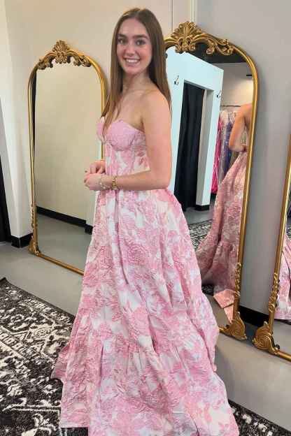 Chic Blue Floral Sweetheart A-Line Long Corset Prom Dress