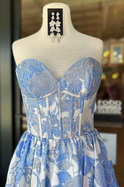 Chic Blue Floral Sweetheart A-Line Long Corset Prom Dress