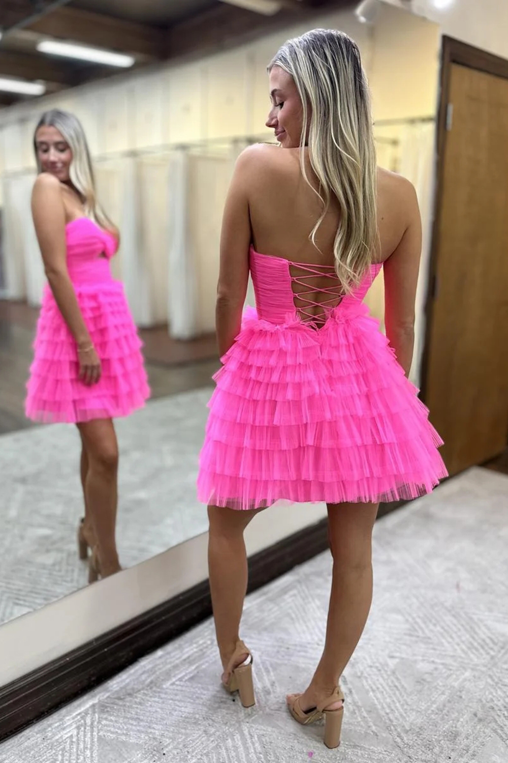 A-Line Fuchsia Strapless Tiered Tulle Short Homecoming Dress with Keyhole-BMbridal
