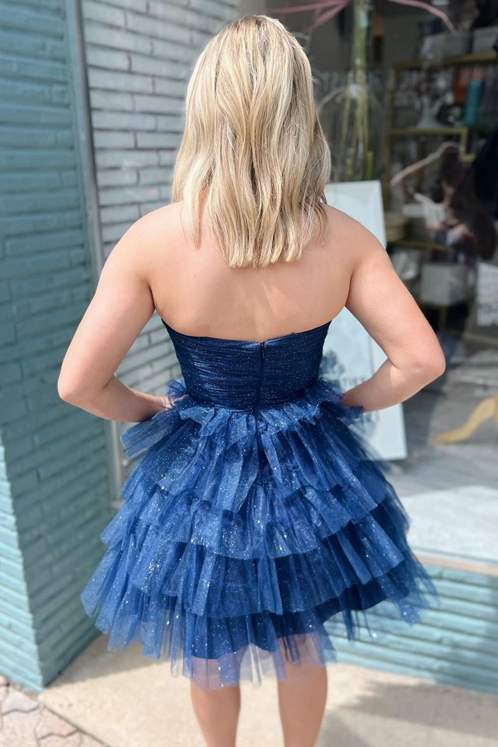 Sparkly A-Line Navy Strapless Tiered Short Homecoming Dress-BMbridal