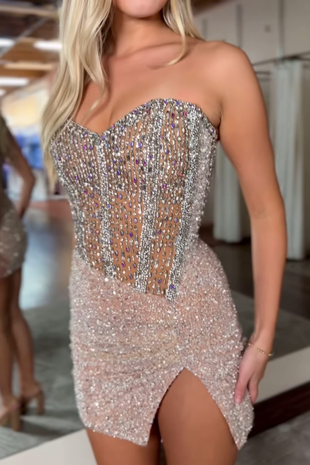 Sparkly Champagne Strapless Corset Short Homecoming Dress-BMbridal