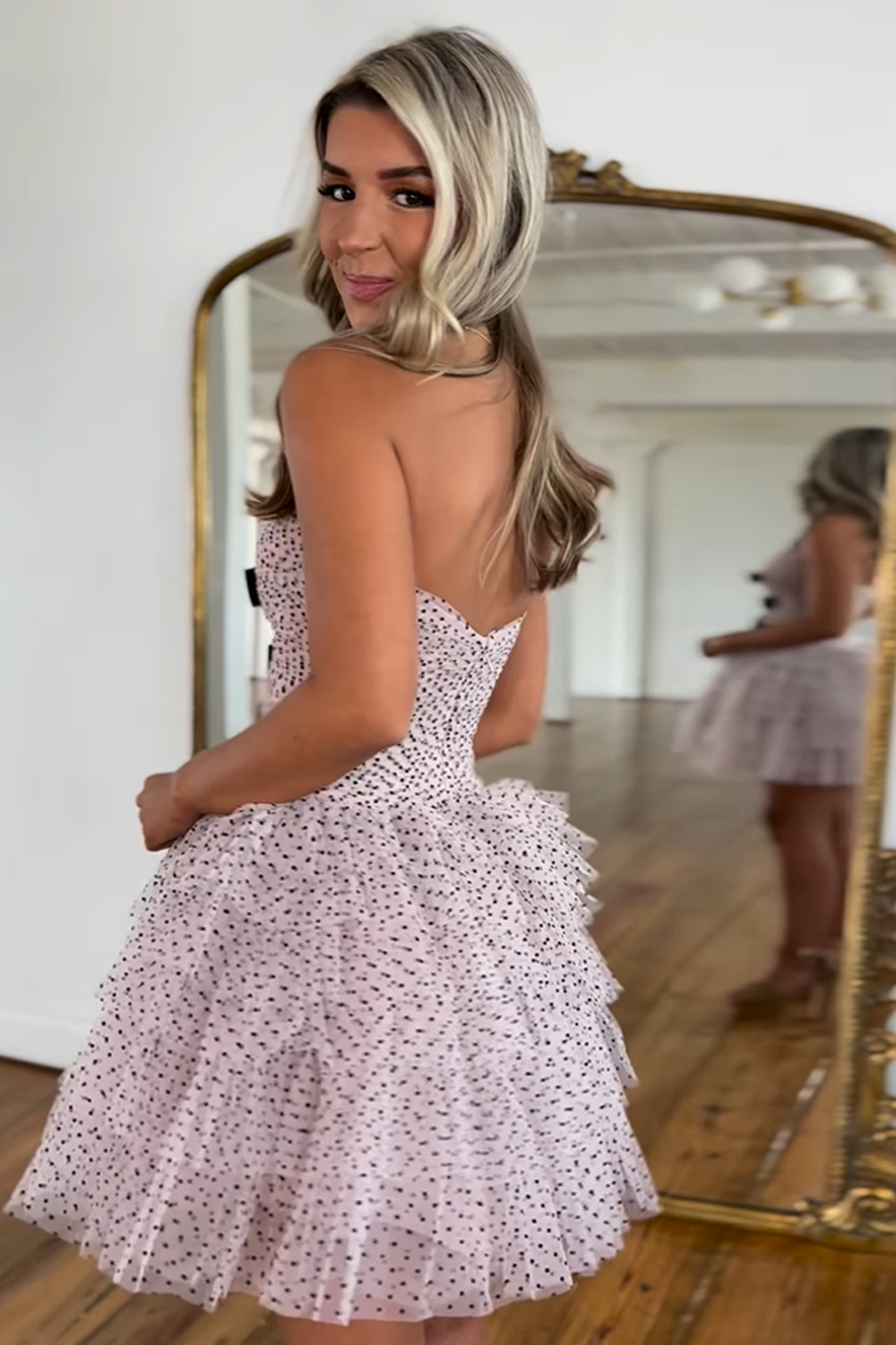 A-Line Pink Strapless Tiered Tulle Short Homecoming Dress with Bows-BMbridal