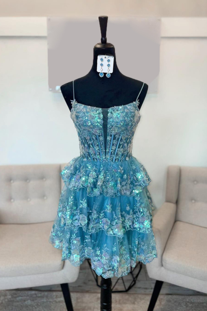Sparkly Blue A Line Corset Tiered Short Homecoming Dress