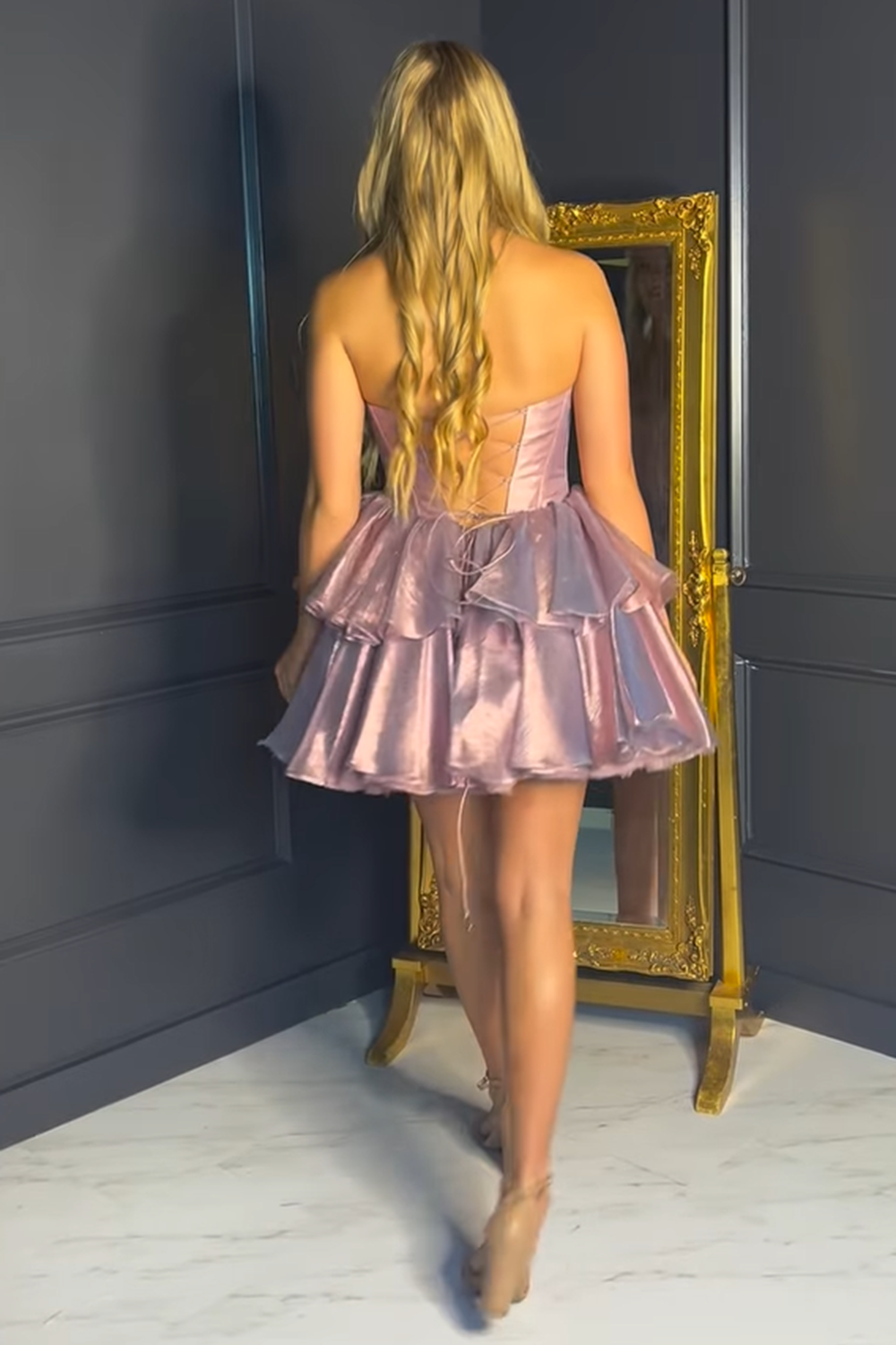 A-Line Blush Sweetheart Metallic Corset Short Homecoming Dress-BMbridal