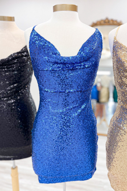 Spaghetti Straps Golden Bodycon Short Homecoming Dress with Sequins