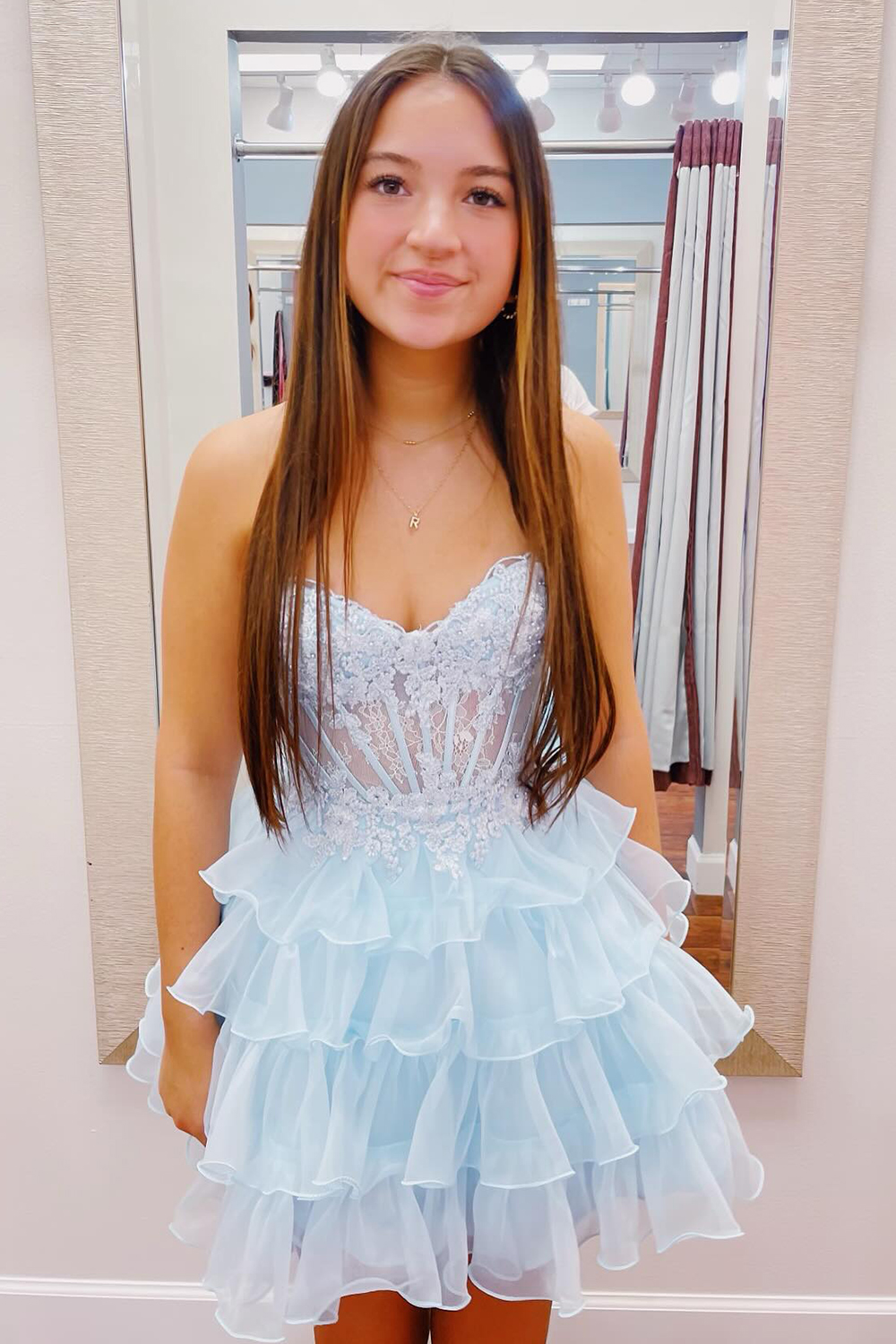 A-Line Light Blue Sweetheart Corset Short Homecoming Dress with Ruffles-BMbridal