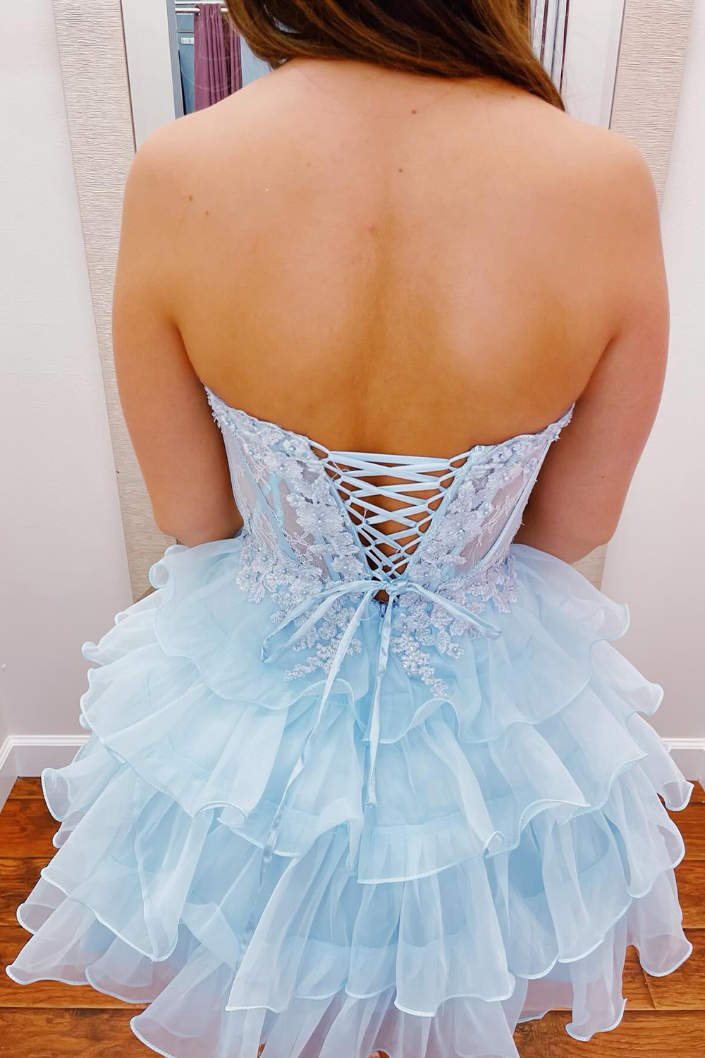 A-Line Light Blue Sweetheart Corset Short Homecoming Dress with Ruffles-BMbridal