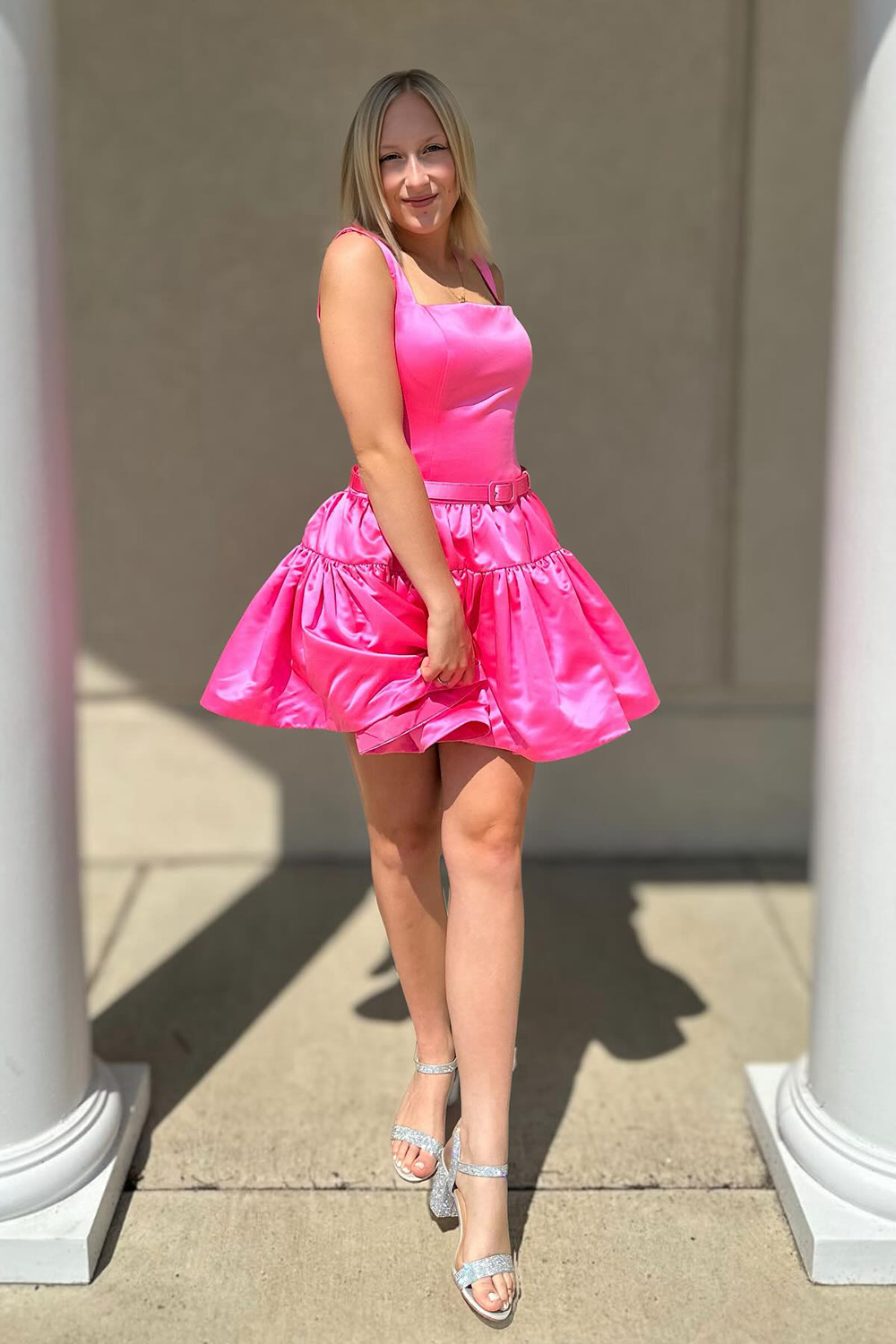 A-Line Pink Square Neck Ruffles Short Homecoming Dress with Belt-BMbridal