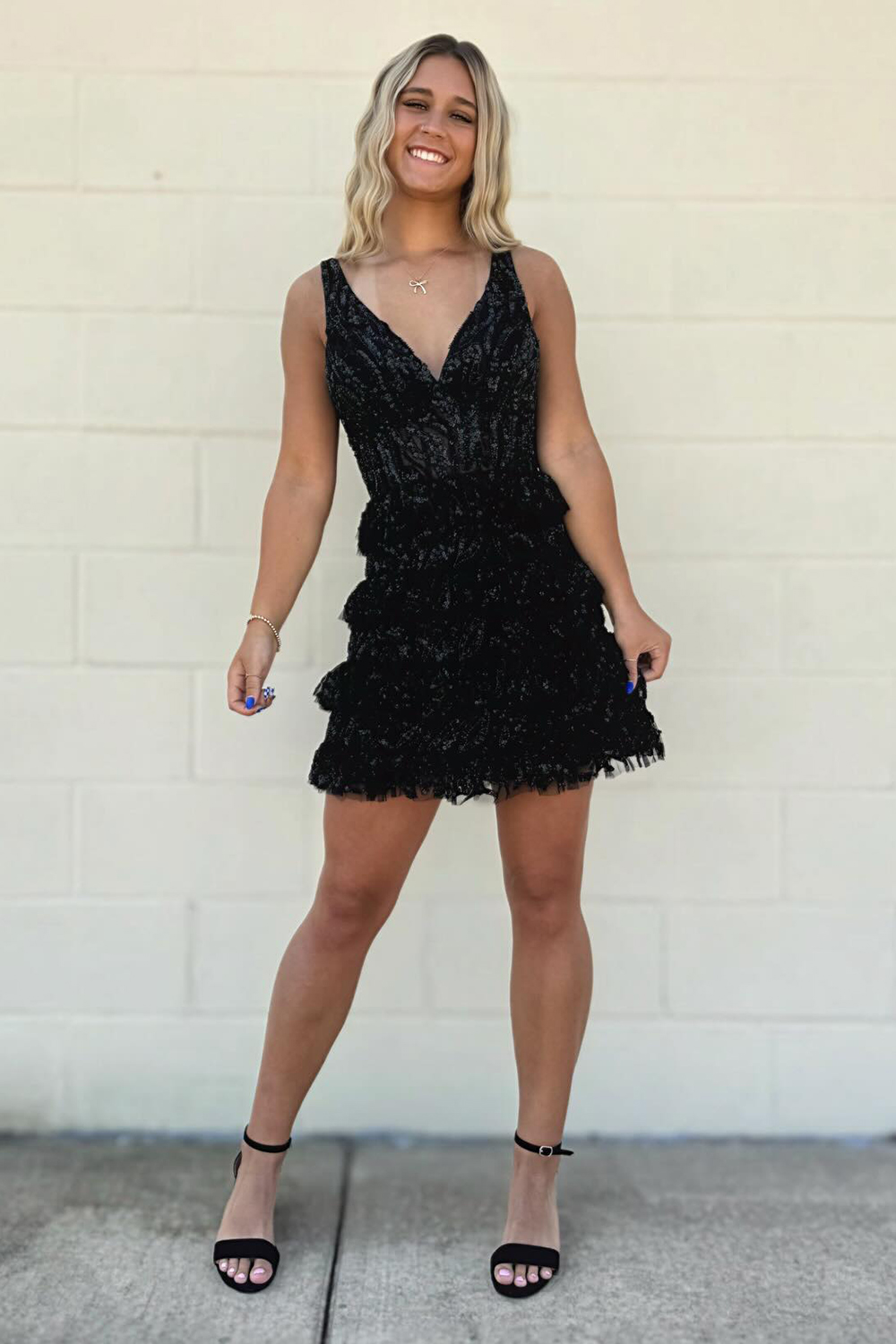 A-Line Black V-Neck Tiered Short Homecoming Dress with Lace-BMbridal