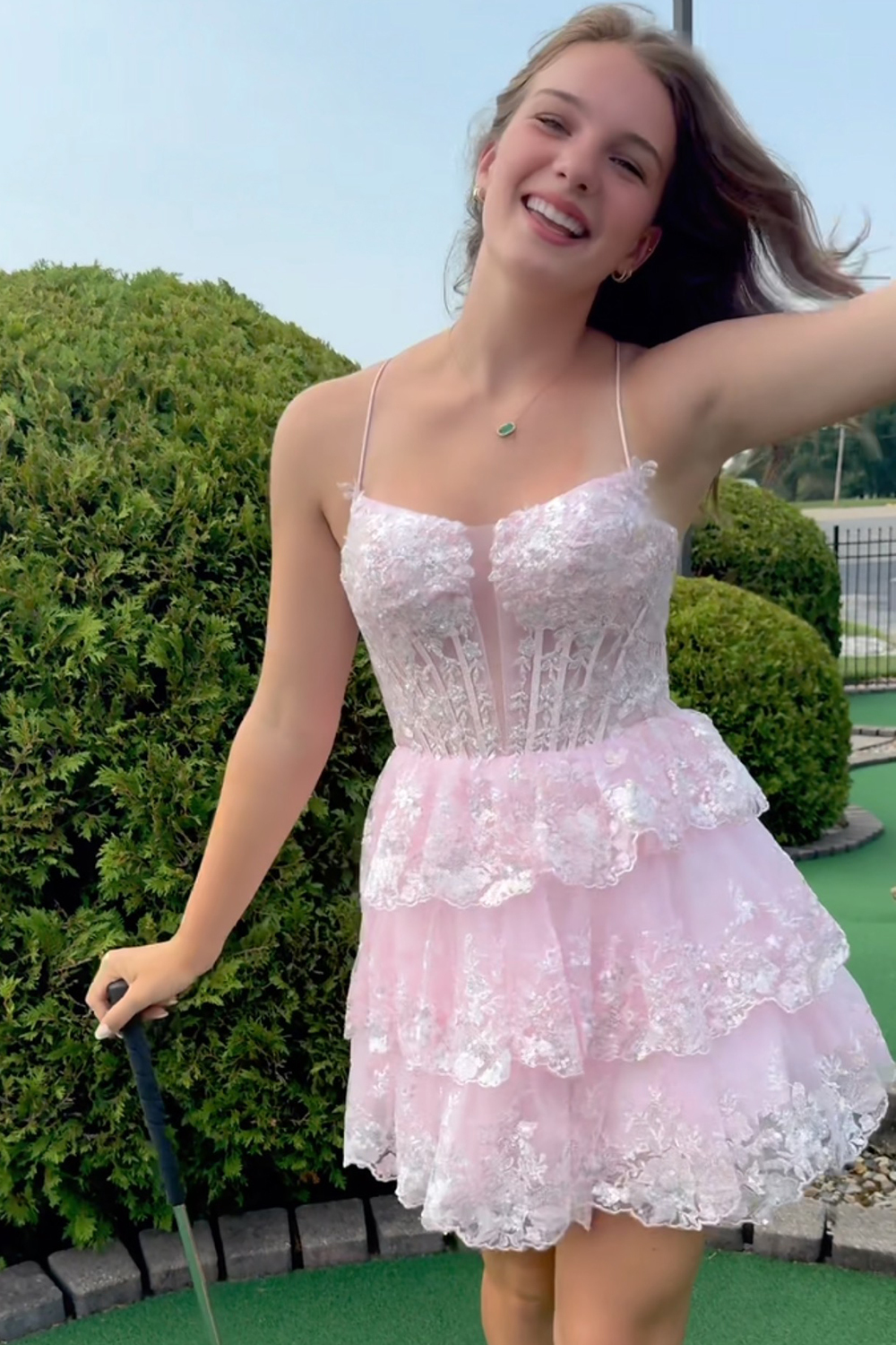 Sparkly A Line Pink Corset Short Homecoming Dress with Lace-Up Back-BMbridal