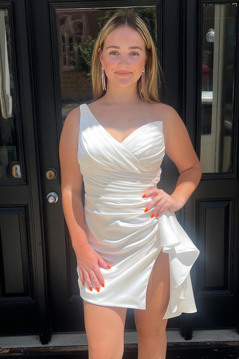 Orange One Shoulder Tight Satin Homecoming Dress with Slit-BMbridal