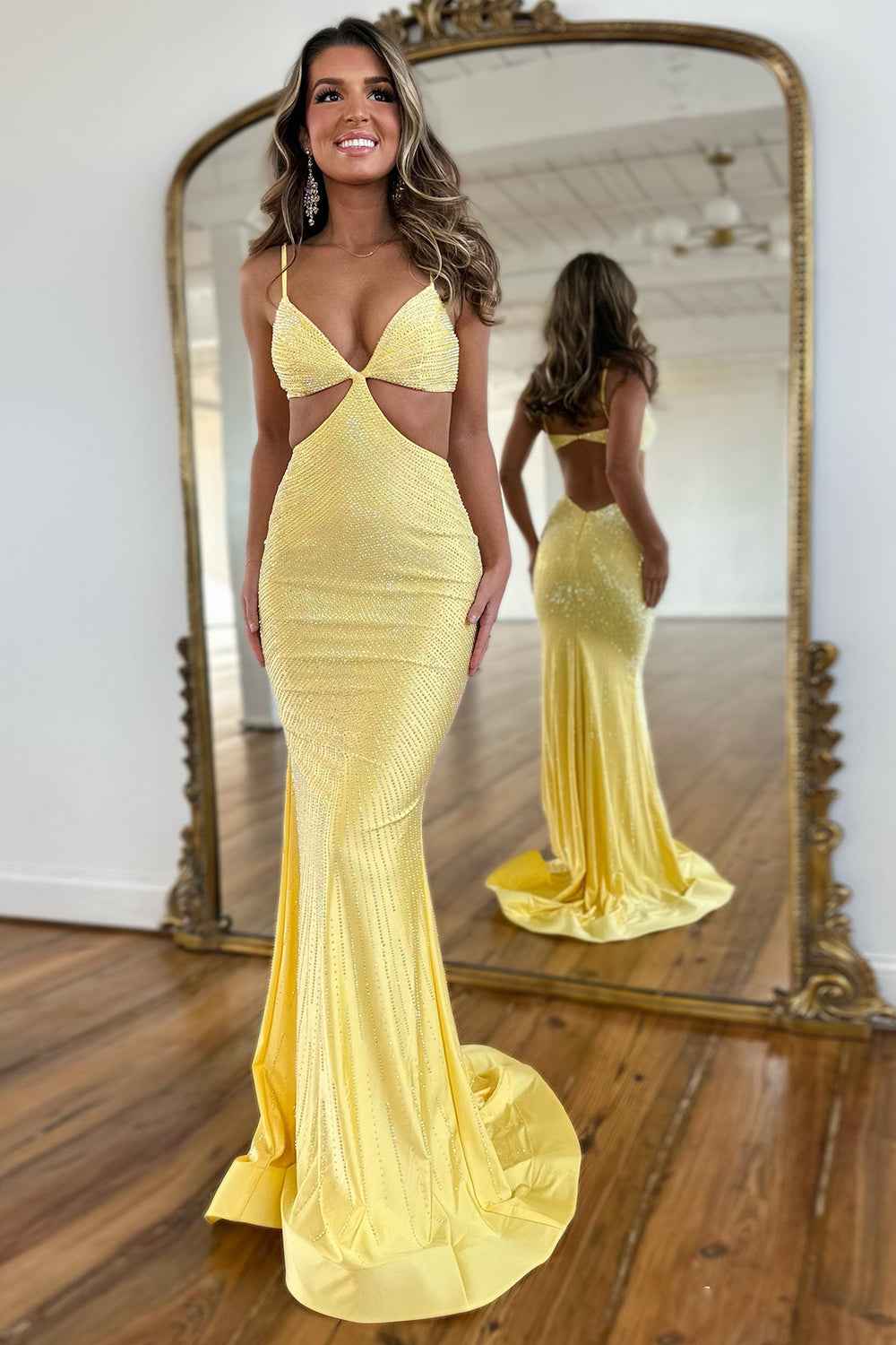 Glitter Yellow Spaghetti Straps Mermaid Cut-Out Long Prom Dress with Beading