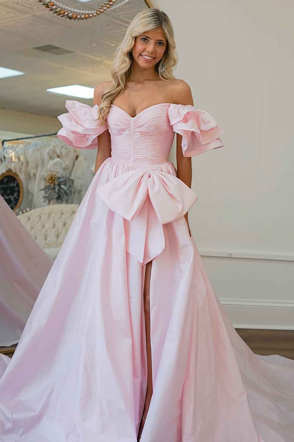 Chic Fuchsia Puff Sleeves A-Line Ruched Long Prom Dress with Bow