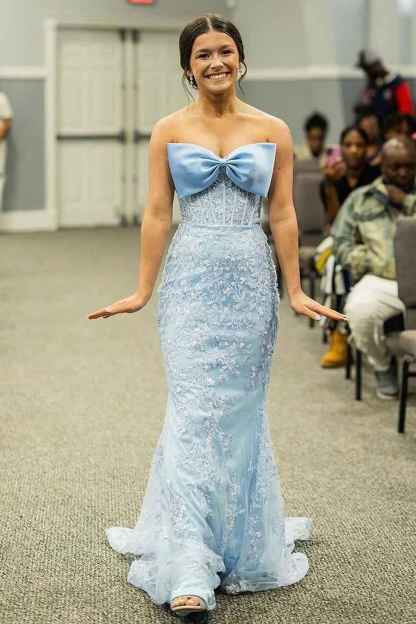 Sky Blue Strapless Mermaid Long Corset Prom Dress with Appliques