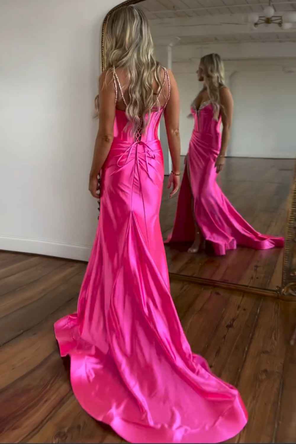 Fuchsia Spaghetti Straps Satin Long Corset Prom Dress with Beading
