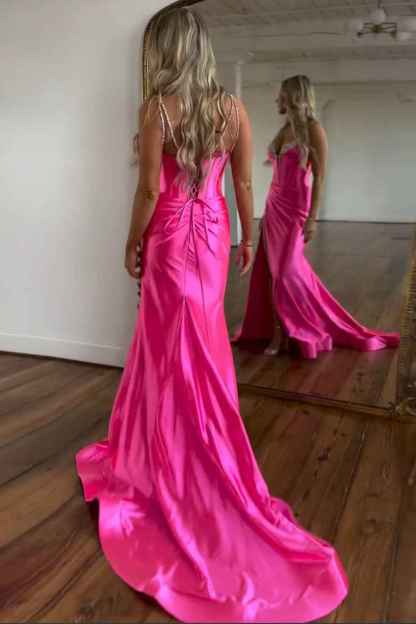 Fuchsia Spaghetti Straps Satin Long Corset Prom Dress with Beading