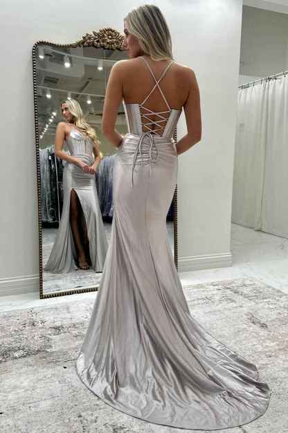 Fuchsia Spaghetti Straps Satin Long Corset Prom Dress with Beading