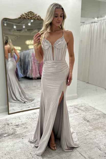 Fuchsia Spaghetti Straps Satin Long Corset Prom Dress with Beading