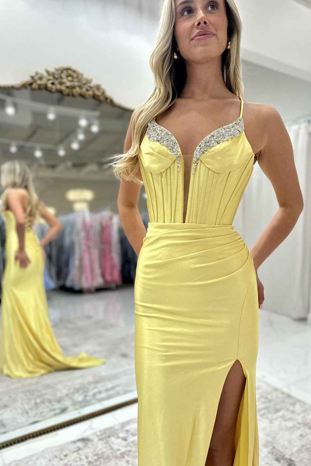 Fuchsia Spaghetti Straps Satin Long Corset Prom Dress with Beading