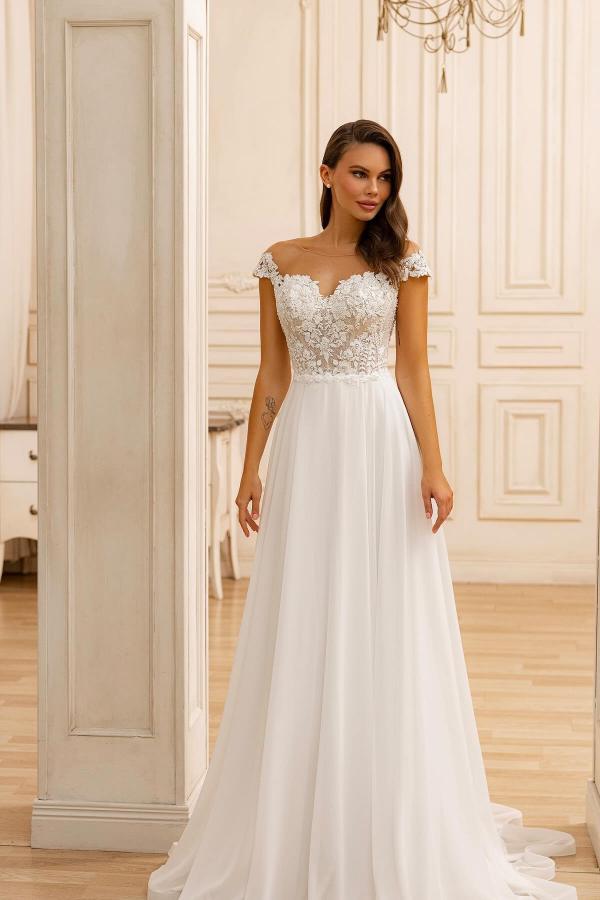 Trendy White A-Line Floor-Length Scoop Neck Lace Chiffon Wedding Dresses-BMbridal