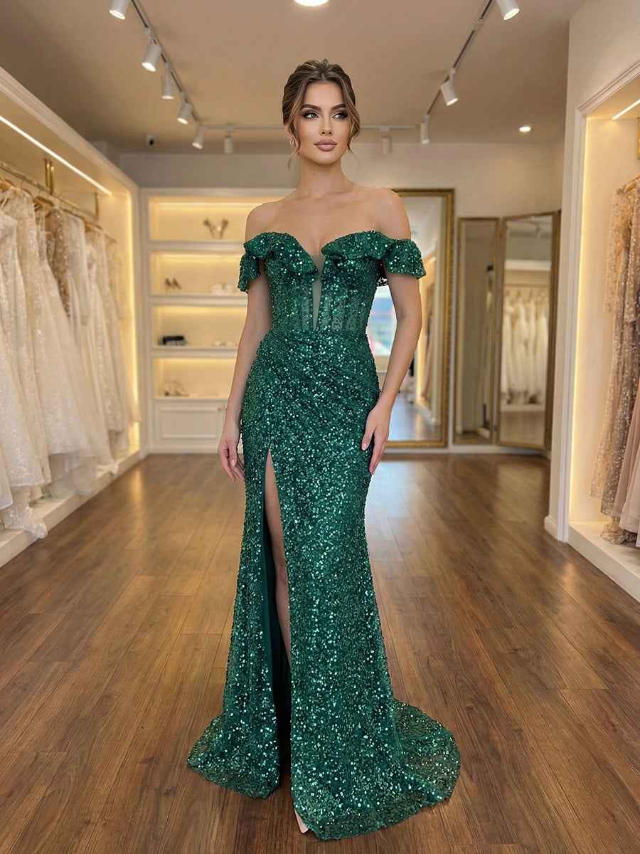 Emerald Off The Shoulder Sequin Mermaid Long Prom Dress with Slit