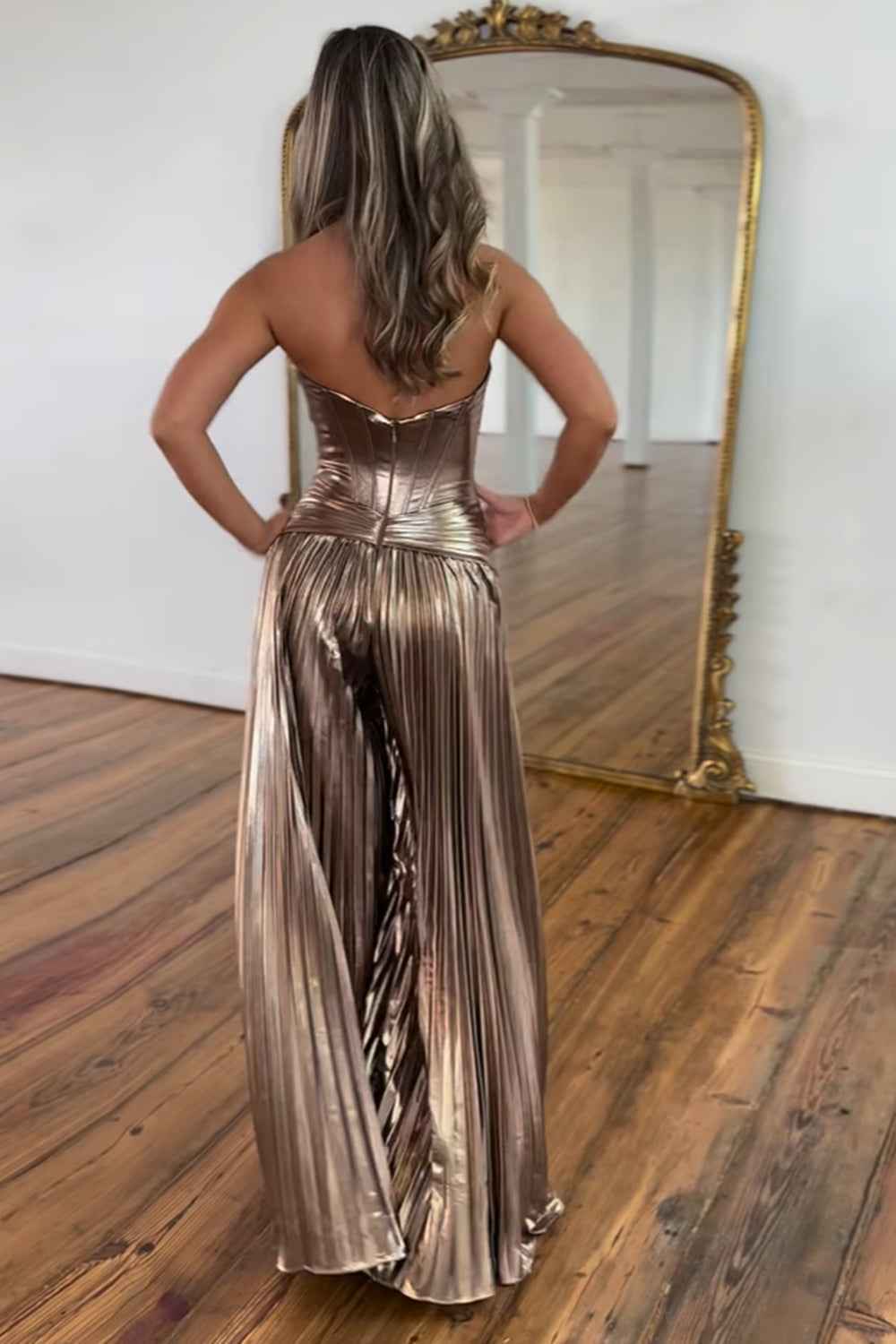 Rose Golden Sweetheart A-Line Metallic Pleated Long Corset Prom Jumpsuits