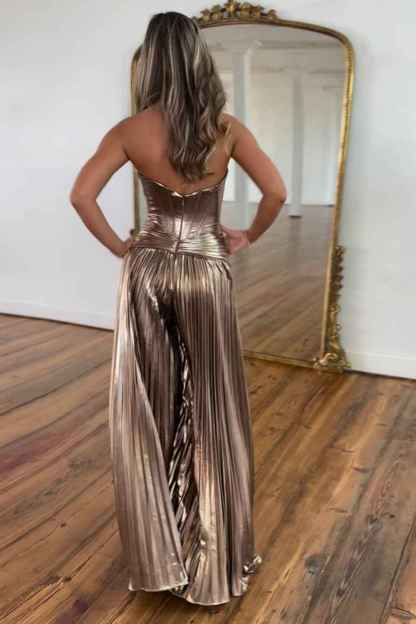Rose Golden Sweetheart A-Line Metallic Pleated Long Corset Prom Jumpsuits
