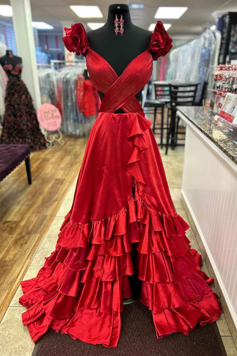 Red V-Neck A-Line Satin Tiered Long Prom Dress with Ruffles
