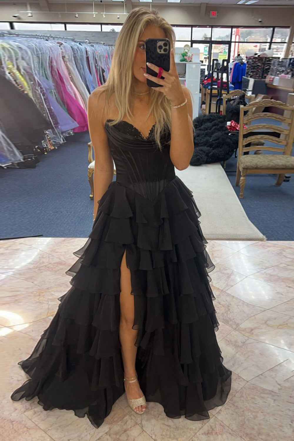 Blue Sweetheart Ruffled Long Corset Prom Dress with Slit