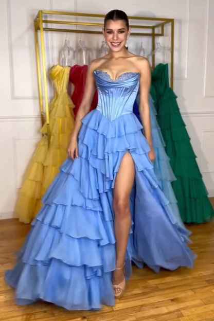 Yellow Princess Sweetheart Chiffon Ruffled Long Corset Prom Dress with Slit