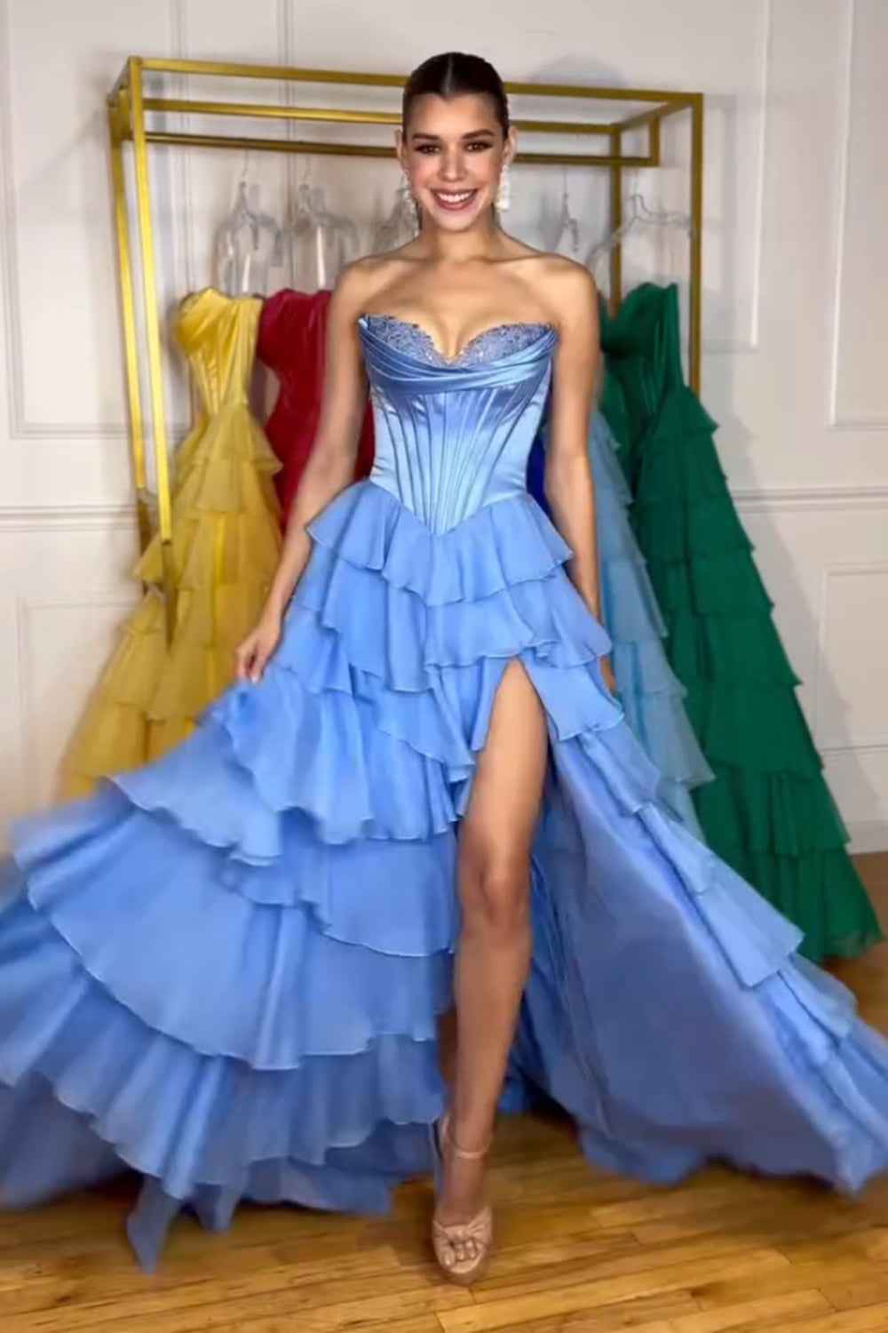 Yellow Princess Sweetheart Chiffon Ruffled Long Corset Prom Dress with Slit