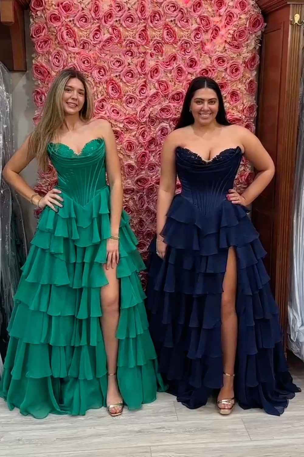 Blue Sweetheart Ruffled Long Corset Prom Dress with Slit