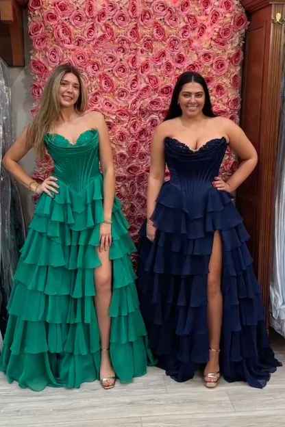 Blue Sweetheart Ruffled Long Corset Prom Dress with Slit