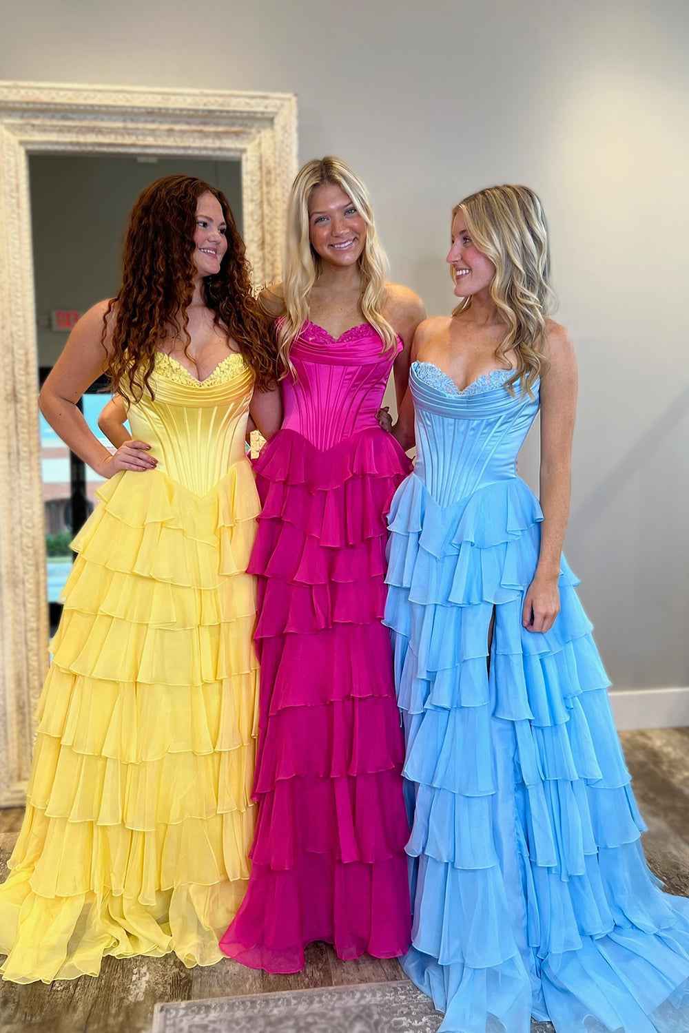 Blue Sweetheart Ruffled Long Corset Prom Dress with Slit