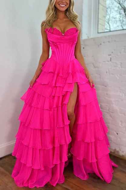 Blue Sweetheart Ruffled Long Corset Prom Dress with Slit