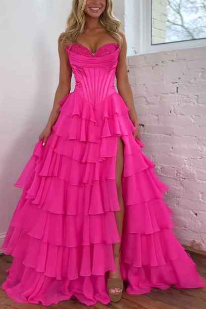 Blue Sweetheart Ruffled Long Corset Prom Dress with Slit