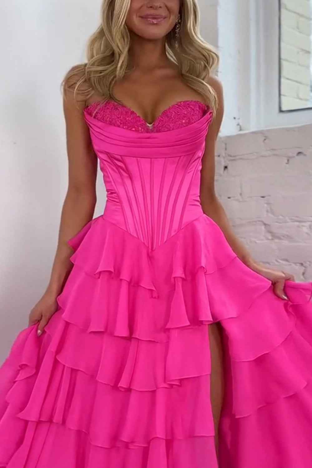 Blue Sweetheart Ruffled Long Corset Prom Dress with Slit