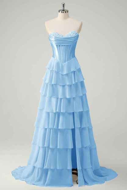 Blue Sweetheart Ruffled Long Corset Prom Dress with Slit