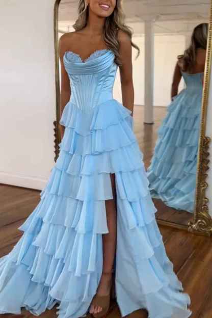 Blue Sweetheart Ruffled Long Corset Prom Dress with Slit