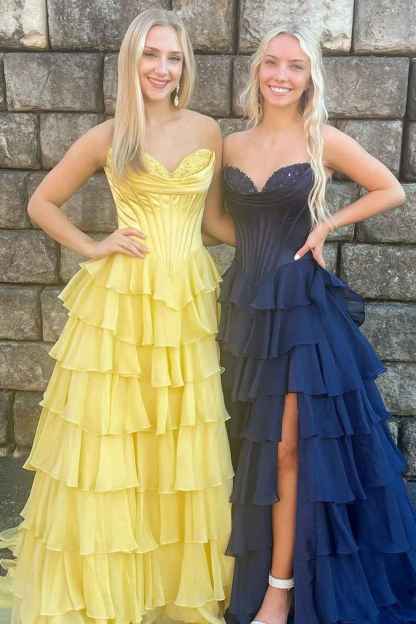 Blue Sweetheart Ruffled Long Corset Prom Dress with Slit