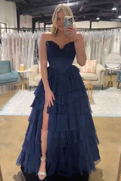 Blue Sweetheart Ruffled Long Corset Prom Dress with Slit
