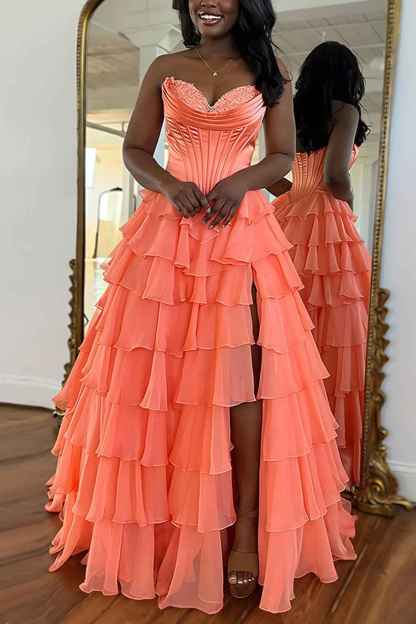 Blue Sweetheart Ruffled Long Corset Prom Dress with Slit