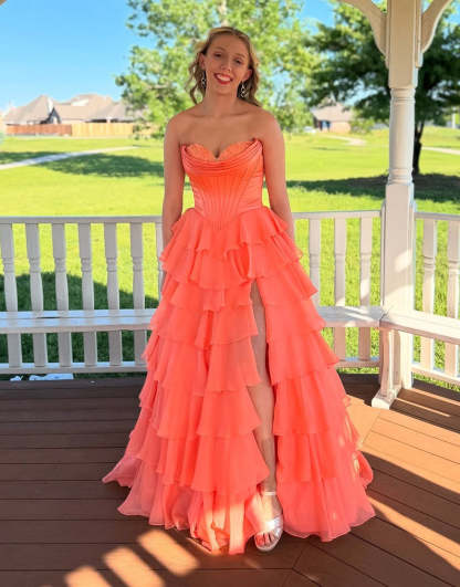 Blue Sweetheart Ruffled Long Corset Prom Dress with Slit