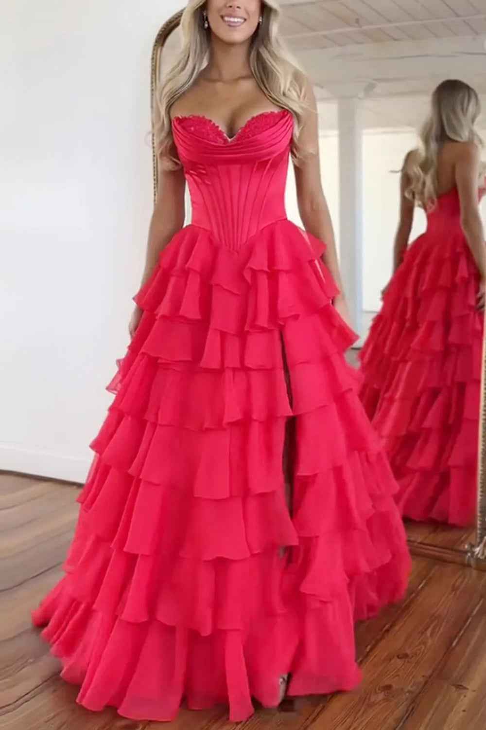 Blue Sweetheart Ruffled Long Corset Prom Dress with Slit