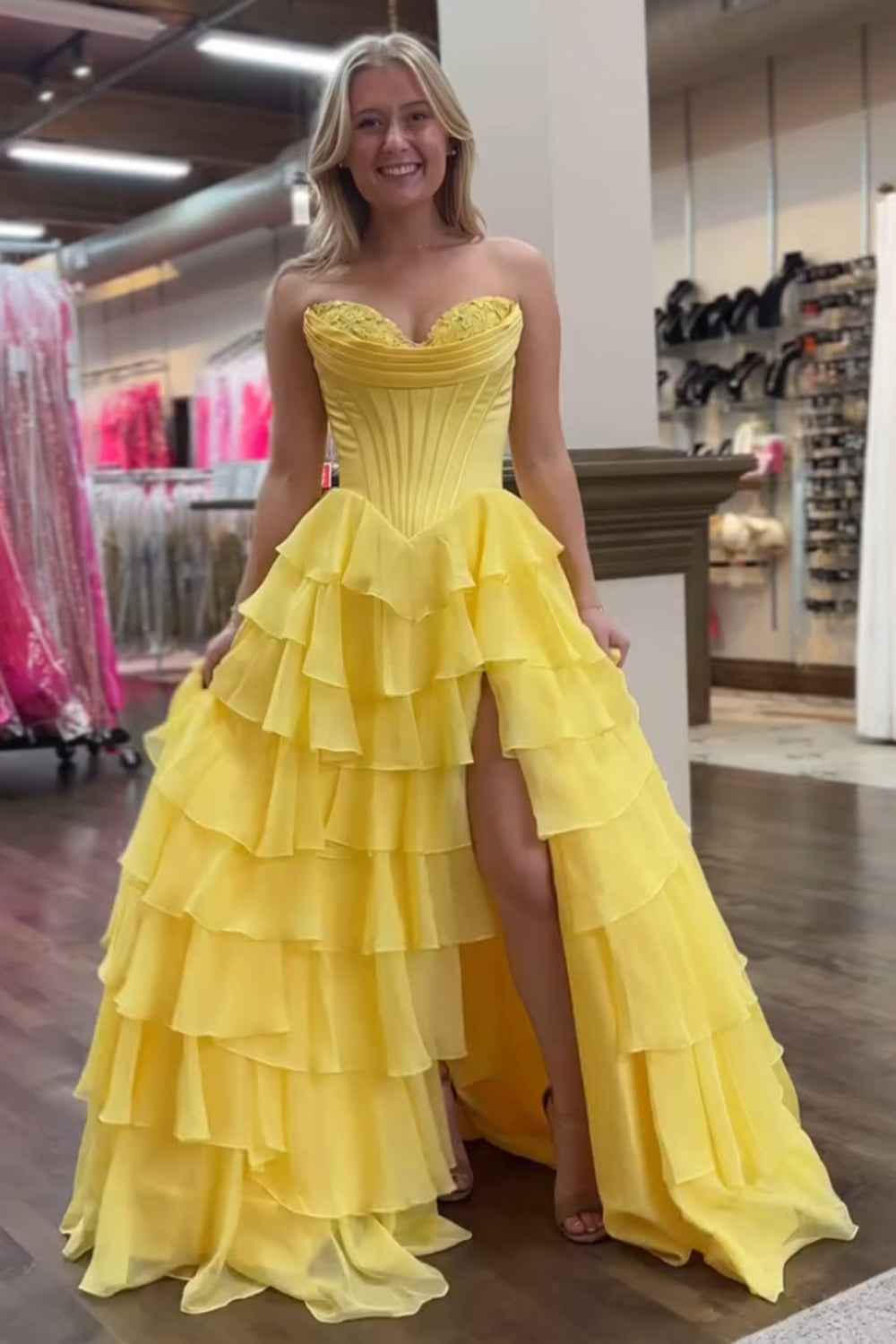 Yellow Princess Sweetheart Chiffon Ruffled Long Corset Prom Dress with Slit