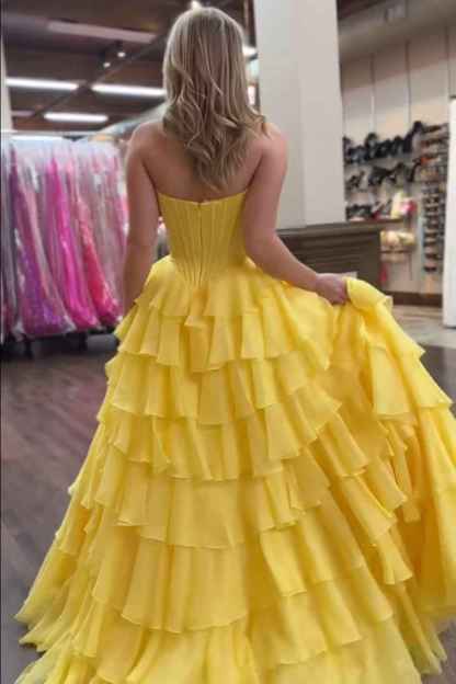 Yellow Princess Sweetheart Chiffon Ruffled Long Corset Prom Dress with Slit
