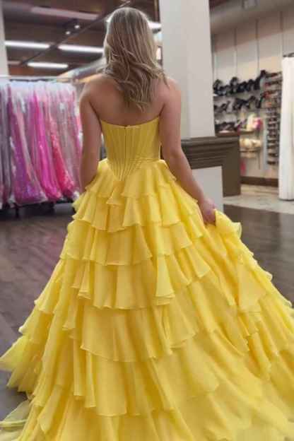 Yellow Princess Sweetheart Chiffon Ruffled Long Corset Prom Dress with Slit