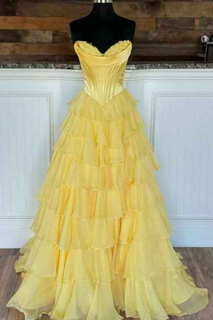 Blue Sweetheart Ruffled Long Corset Prom Dress with Slit